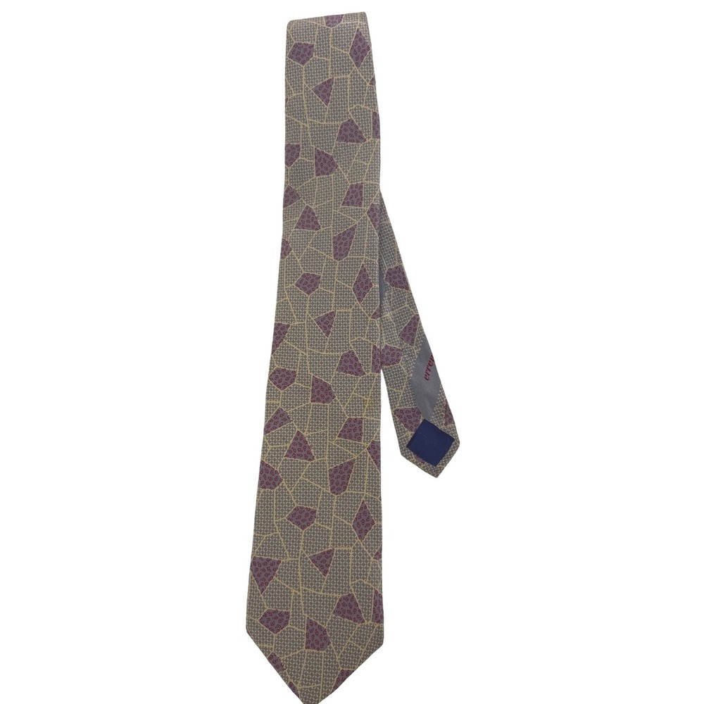 Erreuno Milano Silk Tie Mens Geometric Mosaic Burgundy Grey Hand Made‎ Italy